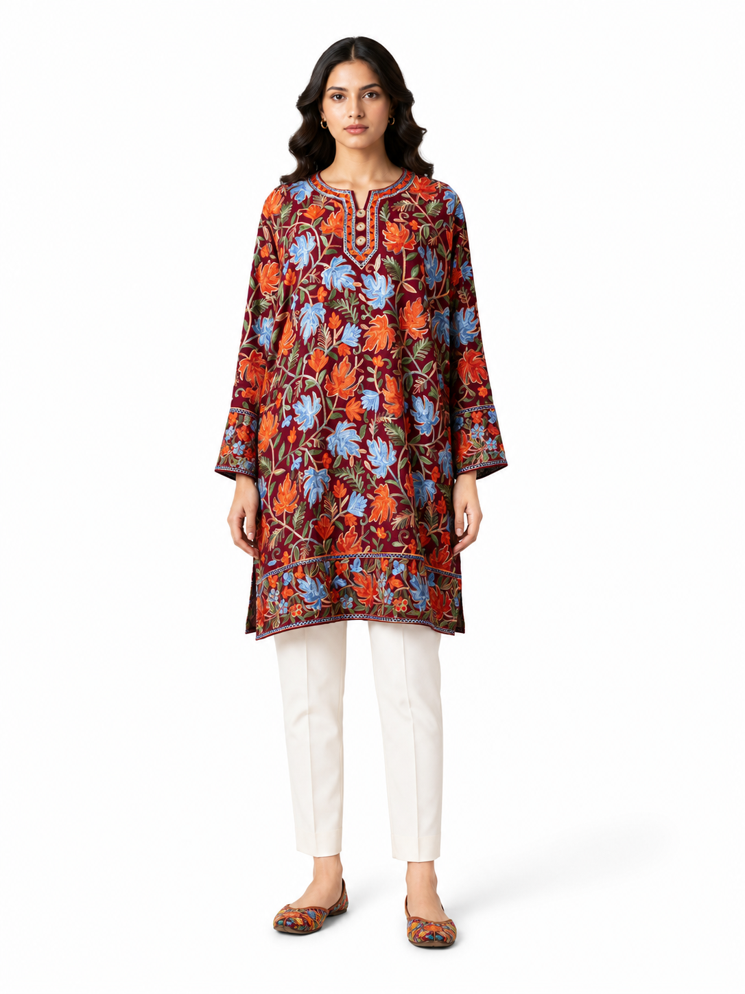 Noor : chinar embroidery summer kurti | Dark Red